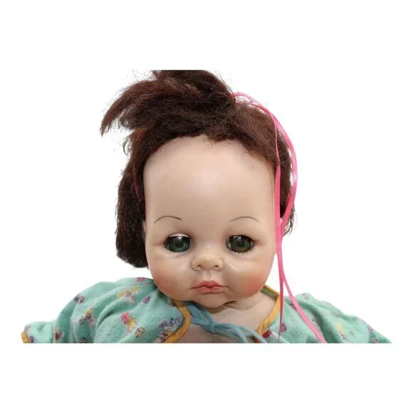 Vintage Baby Doll With Green Floral Jacket & Yellow Trim Vinyl & Cloth Body Brow - Picture 2 of 8